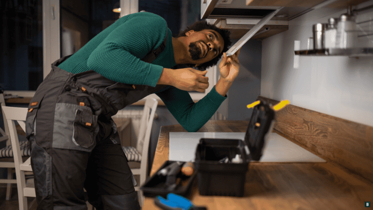 Ein Handwerker montiert eine Küche