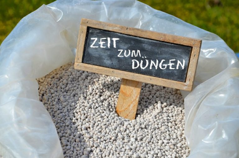 Rasendünger wird auf einer grünen Rasenfläche ausgebracht