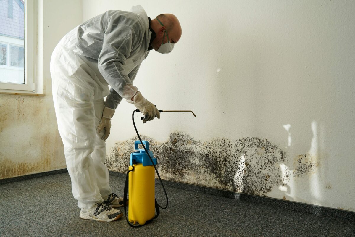 Arbeiter mit weißem Schutzanzug und Atemschutz bei der Schimmelsanierung. Er besprüht eine Wand mit Fungizid
