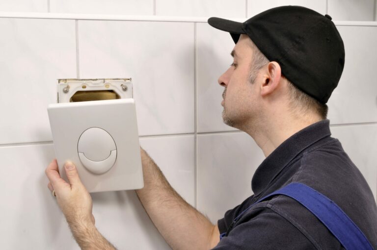 Sanitärinstallateur repariert den Spülkasten einer Toilette. Spülkasten befindet sich in der Wand