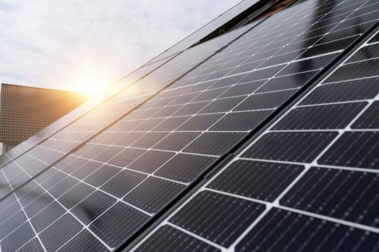 Photovoltaikanlage auf einem Einfamilienhaus, Sonne im Hintergrund