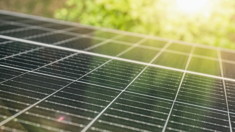 Nahaufnahme von Photovoltaikanlage, Sonne im Hintergrund
