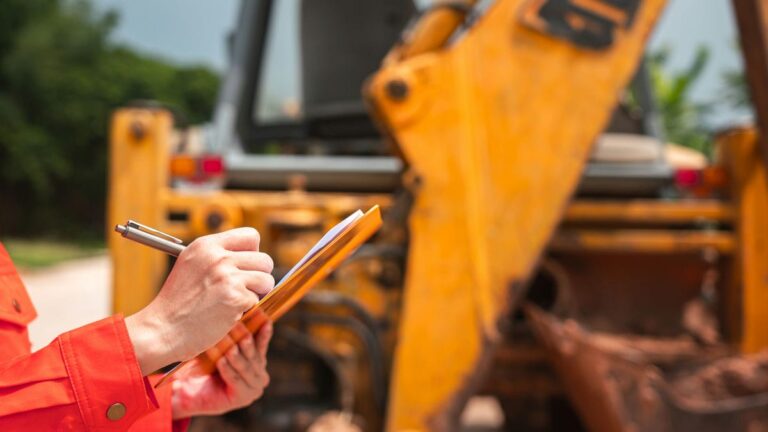 Bauarbeiter steht auf einer Baustelle vor einem Bagger und schreibt etwas auf