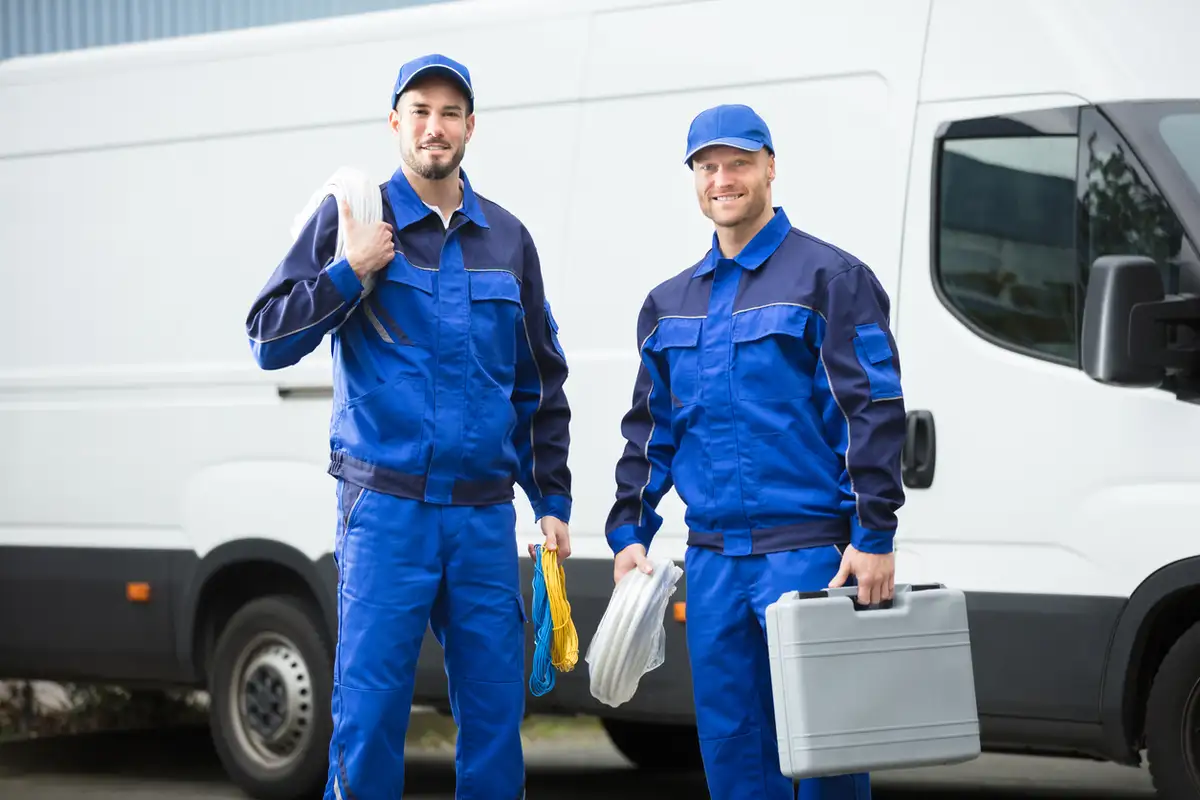 Zwei Handwerker in blauer Arbeitskleidung stehen vor einem weißen Transporter. Sie tragen Werkzeug und Kabel