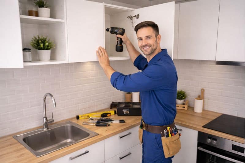 Handwerker montiert eine Schranktür an einem Hängeschrank bei einer Küchensanierung