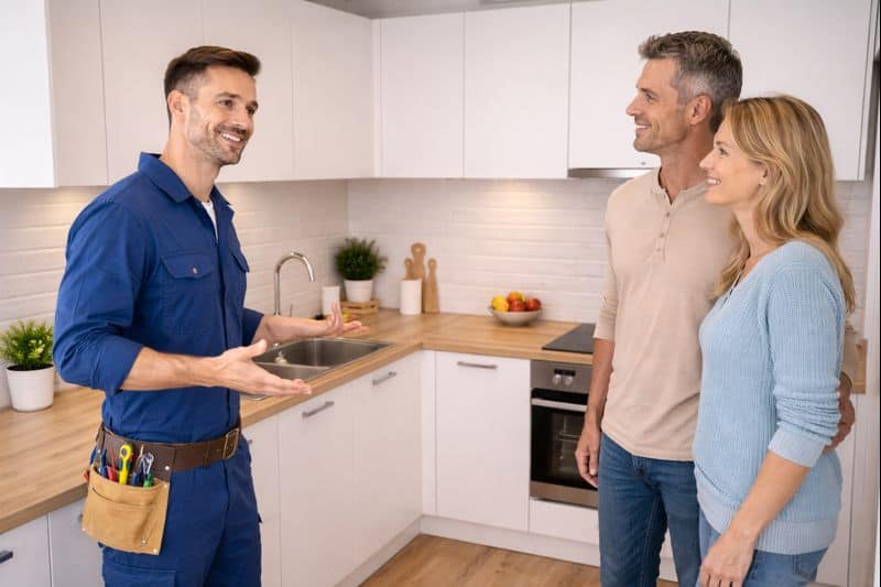Handwerker erklärt einem Ehepaar die abgeschlossene Küchensanierung in einer modern renovierten Küche
