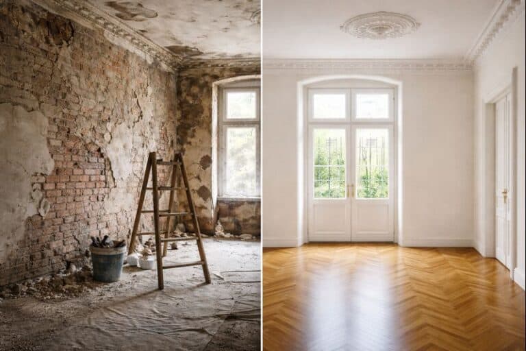 Vorher-Nachher-Vergleich einer Altbausanierung mit Rohbauzustand links und fertig renoviertem Altbau rechts durch Handwerker