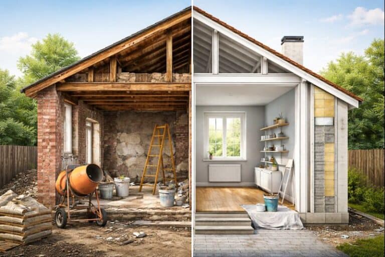 Querschnitt eines Hauses mit Altbausanierung: links Rohbau mit Baustelle, rechts modernisierter Wohnraum nach Sanierung Altbausanierung Kosten