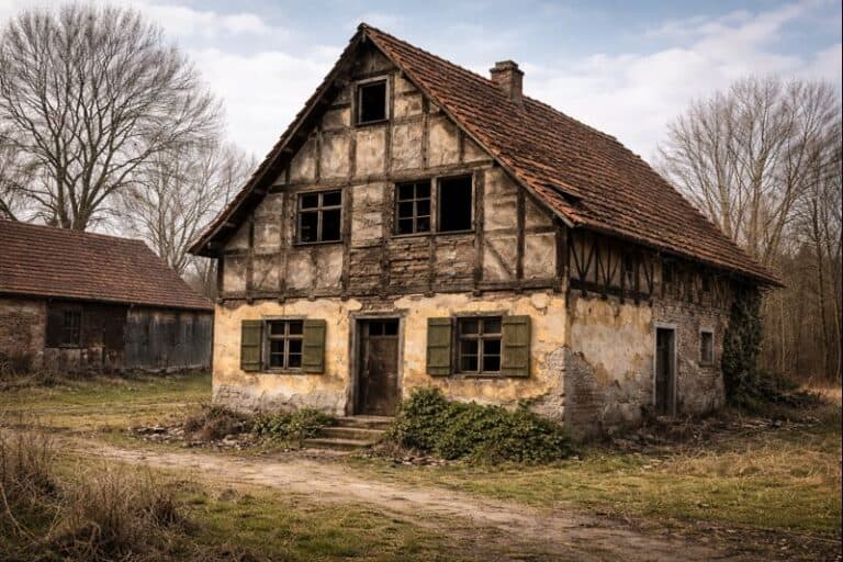 Sanierungsbedürftiges Fachwerkhaus in ländlicher Umgebung als Ausgangspunkt für die Entscheidung Altbausanierung oder Neubau