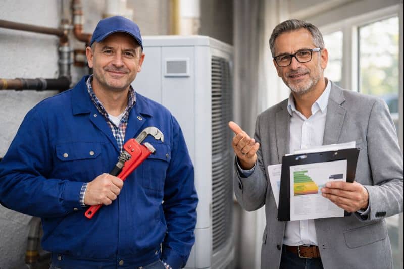 Heizungsbauer und Energieberater stehen vor einer Wärmepumpe und besprechen die Planung