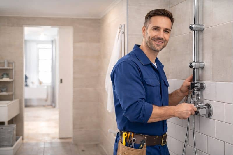 Sanitärinstallateur montiert eine Duscharmatur in einem modernen Badezimmer