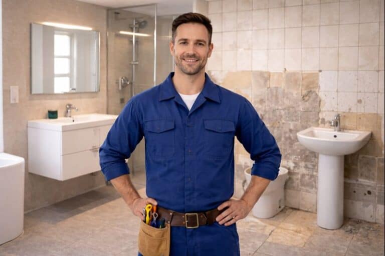 Handwerker steht in einem Badezimmer mit modernisiertem und älterem Bereich im Hintergrund