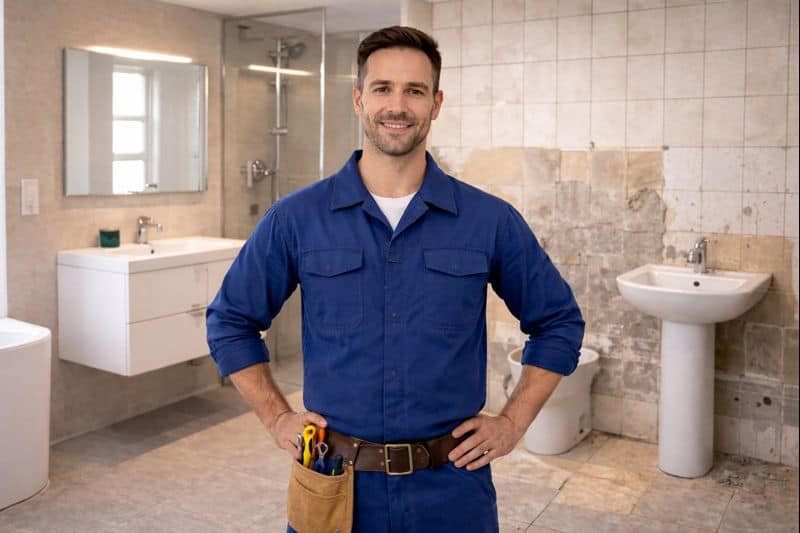 Handwerker steht in einem Badezimmer mit modernisiertem und älterem Bereich im Hintergrund