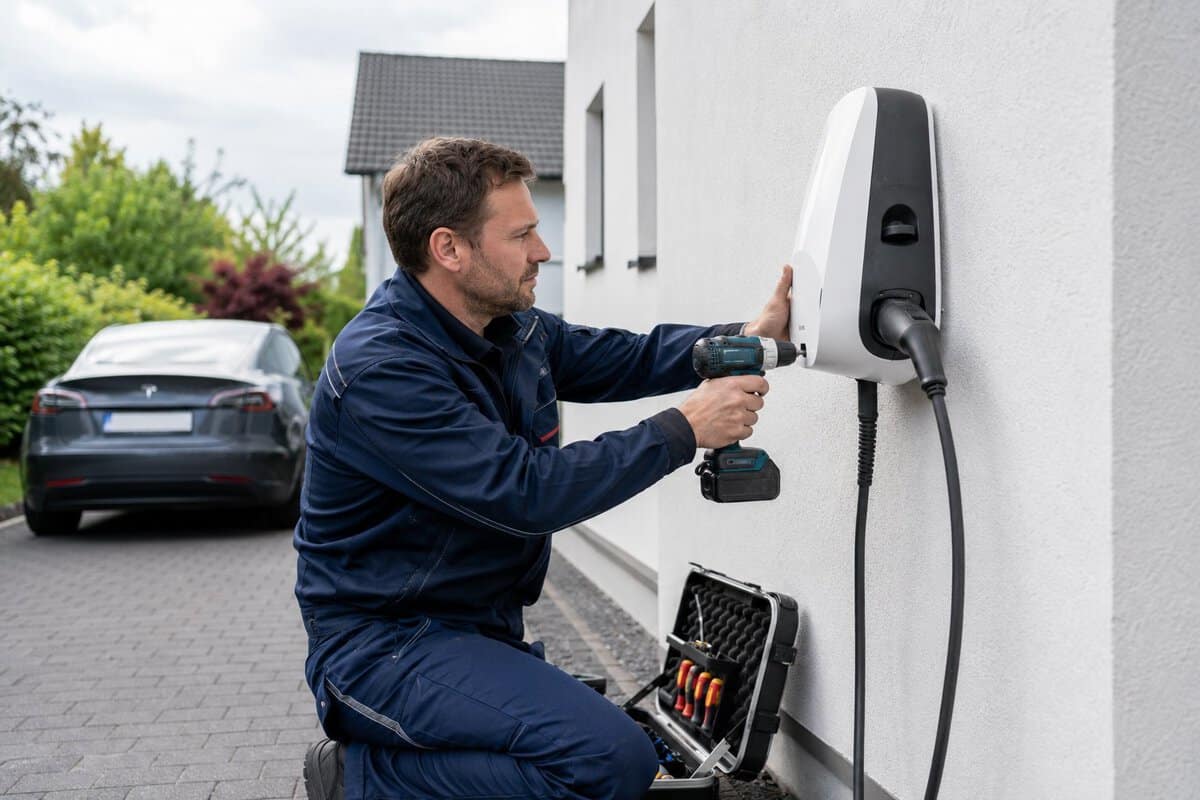 Elektriker montiert eine Wallbox an der Außenwand eines Einfamilienhauses