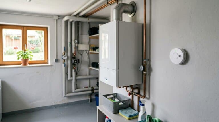 CO-Melder an der Wand nahe einer Gastherme
