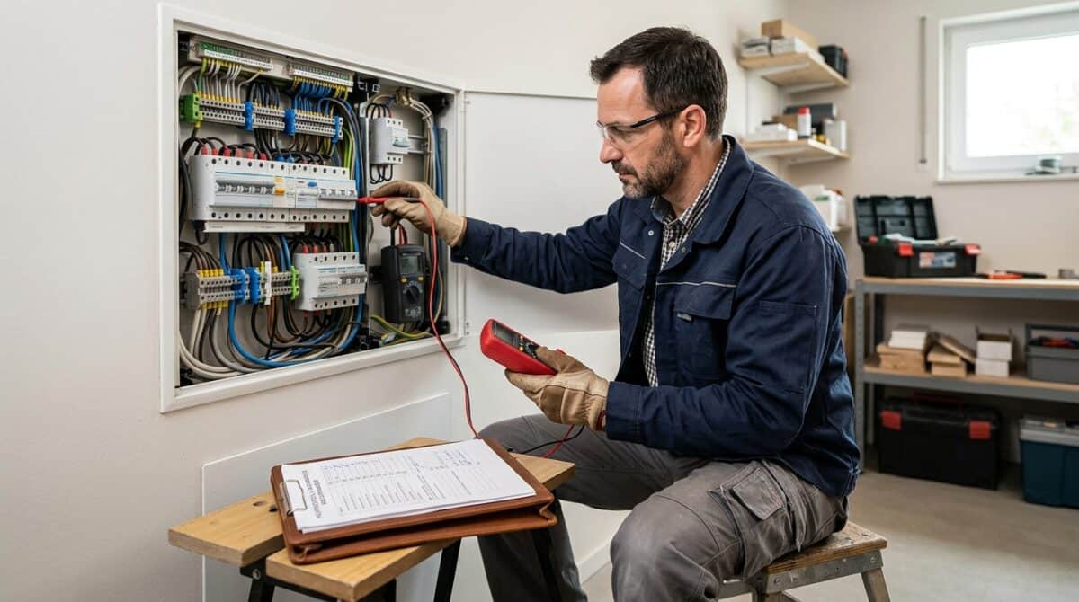 Elektriker prüft den Verteilerkasten mit einem Messgerät