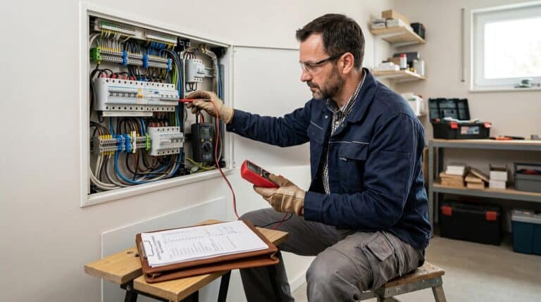 Elektriker prüft den Verteilerkasten mit einem Messgerät