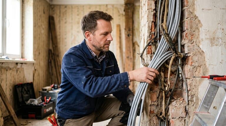 Elektriker verlegt neue Kabel in aufgestemmten Wandschlitzen im Altbau