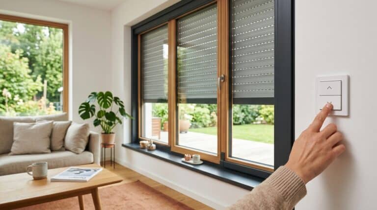 Elektrischer Rollladen am Fenster mit Schalter an der Innenwand