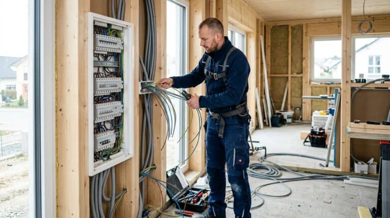 Elektriker verlegt Kabel und Leerrohre in einem Neubau