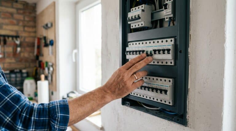 Ausgelöster Sicherungsschalter in einem Sicherungskasten