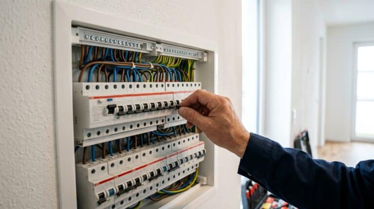 Geöffneter Sicherungskasten mit FI-Schutzschalter und Sicherungsautomaten