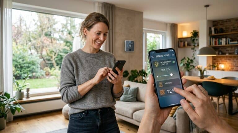 Frau steuert das Smart Home per App im Wohnzimmer