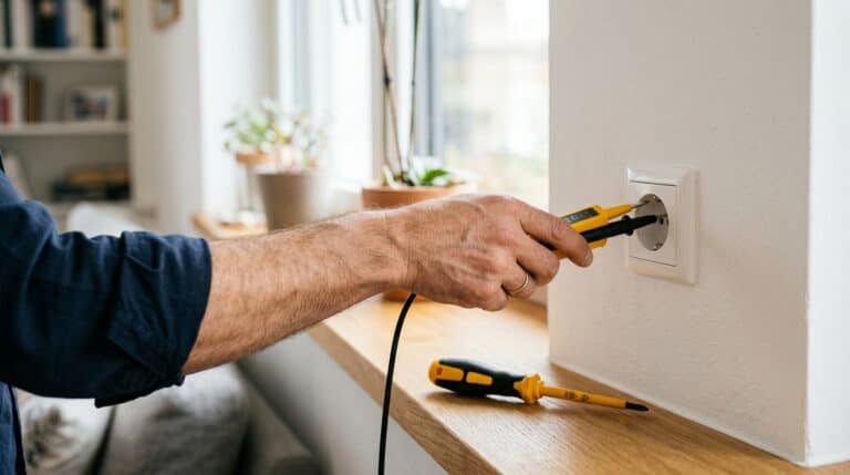 Spannungsprüfer an einer Steckdose zur Funktionsprüfung