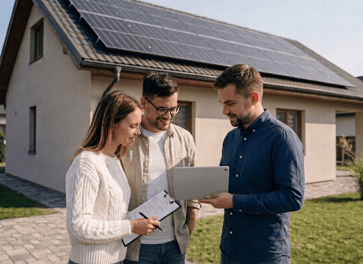 Handwerksbetrieb berät Hausbesitzer vor einem Einfamilienhaus mit Photovoltaikanlage zu einer Modernisierung.