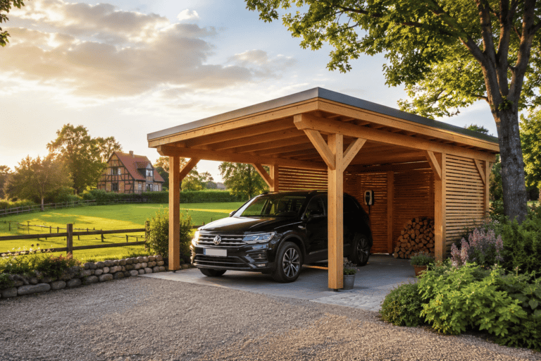 Ein Holzcarport mit Garten im Hintergrund