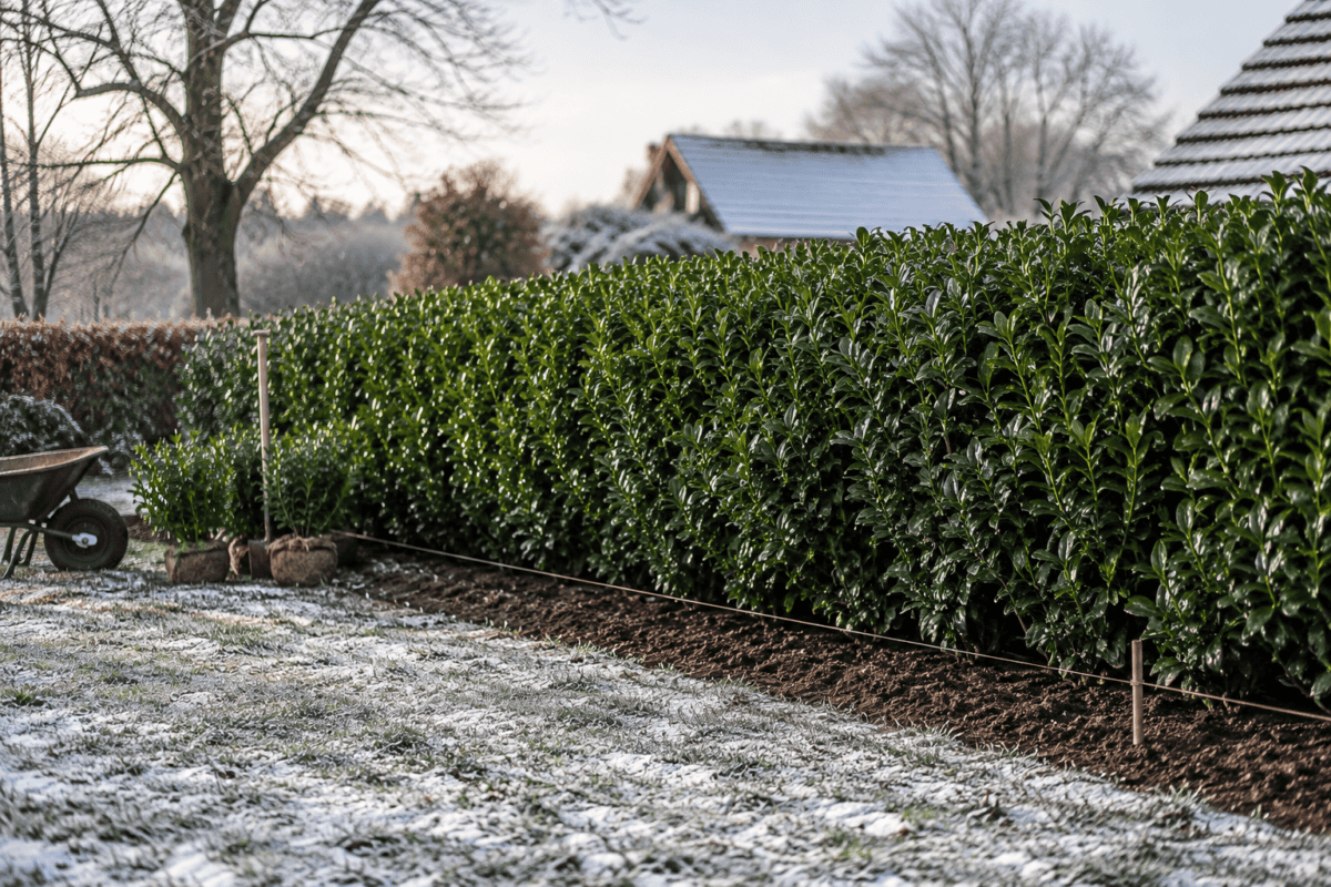 Immergrüne Hecke im Winter, z.B. Kirschlorbeer