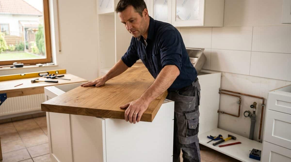 Arbeitsplatte montieren: Monteur legt die Massivholzplatte auf die weißen Unterschränke der Küche auf