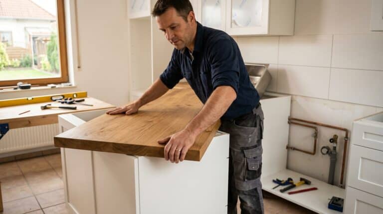 Arbeitsplatte montieren: Monteur legt die Massivholzplatte auf die weißen Unterschränke der Küche auf