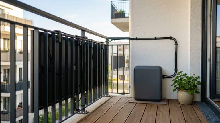 Balkonkraftwerk am Geländer: zwei Solarmodule hängen außen am Balkon, die Kabel führen zum Speicher an der Hauswand