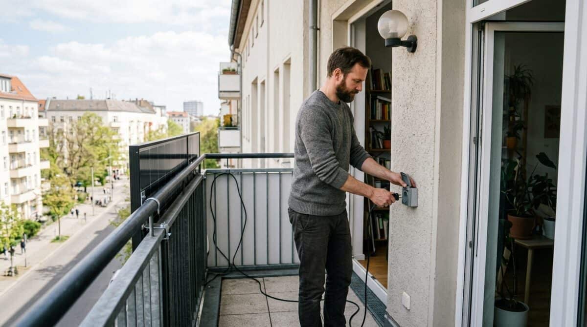 Balkonkraftwerk anmelden und anschließen: Mann steckt den Stecker der Anlage in die Außensteckdose neben der Balkontür, das Modul hängt am Geländer