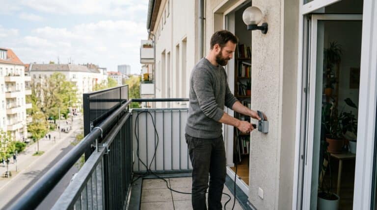 Balkonkraftwerk anmelden und anschließen: Mann steckt den Stecker der Anlage in die Außensteckdose neben der Balkontür, das Modul hängt am Geländer