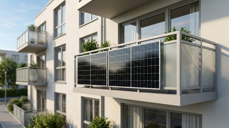 Balkonkraftwerk Kosten: zwei schwarze Solarmodule hängen außen an der hellen Balkonbrüstung eines modernen Mehrfamilienhauses