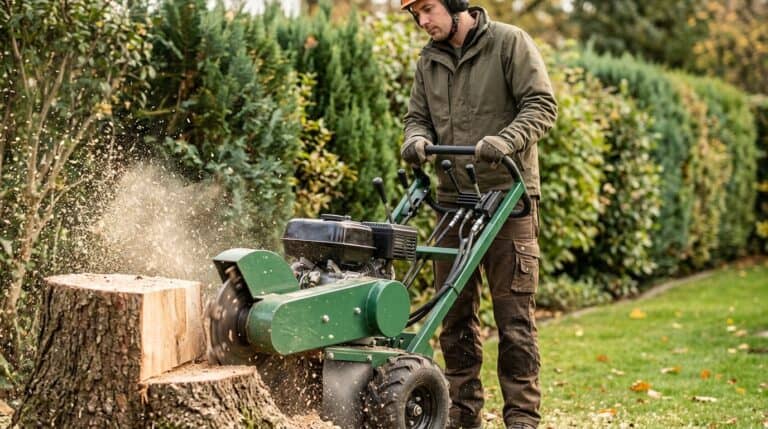 Baumstumpf entfernen: Arbeiter mit Helm und Gehörschutz fräst den Stumpf mit einer Stubbenfräse ab