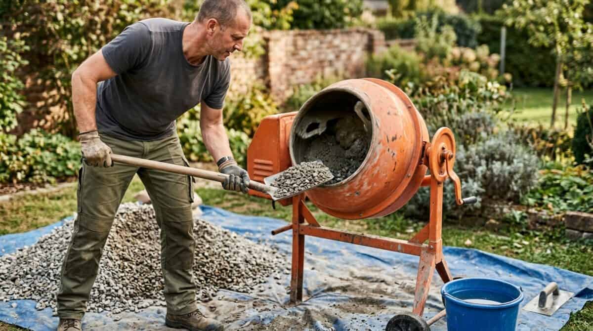Beton selber mischen: Mann schaufelt Kies in den orangen Betonmischer im Garten