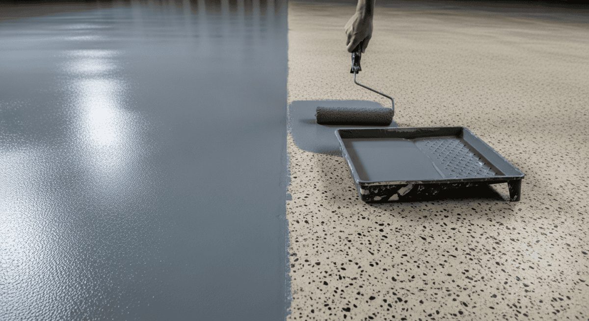 Beton streichen: graue Bodenfarbe wird mit der Rolle auf den Betonboden aufgetragen, daneben die Farbwanne