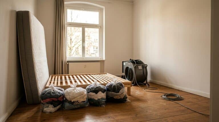 Geräumtes Schlafzimmer vor der Bettwanzenbehandlung: Matratze steht aufrecht, Kleidung in verschlossenen Beuteln, Wärmegebläse in der Ecke