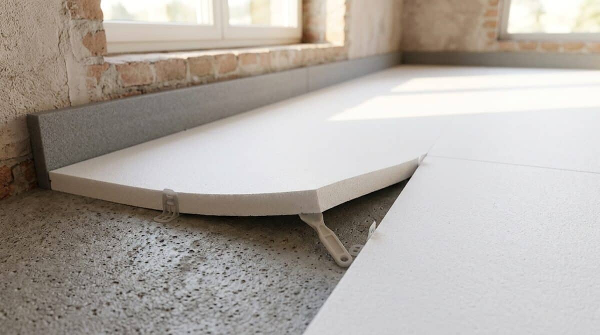 Dicht verlegte Dämmplatten auf einer Rohdecke, eine Platte am Rand angehoben, grauer Randdämmstreifen entlang der Wand