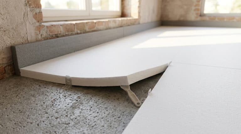 Dicht verlegte Dämmplatten auf einer Rohdecke, eine Platte am Rand angehoben, grauer Randdämmstreifen entlang der Wand
