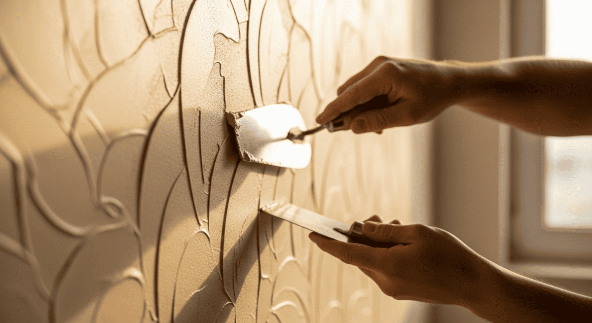 Handwerker gestaltet mit der Kelle eine dekorative Putzstruktur an einer beigen Wand