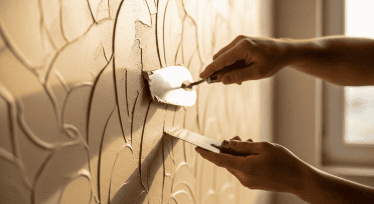 Handwerker gestaltet mit der Kelle eine dekorative Putzstruktur an einer beigen Wand