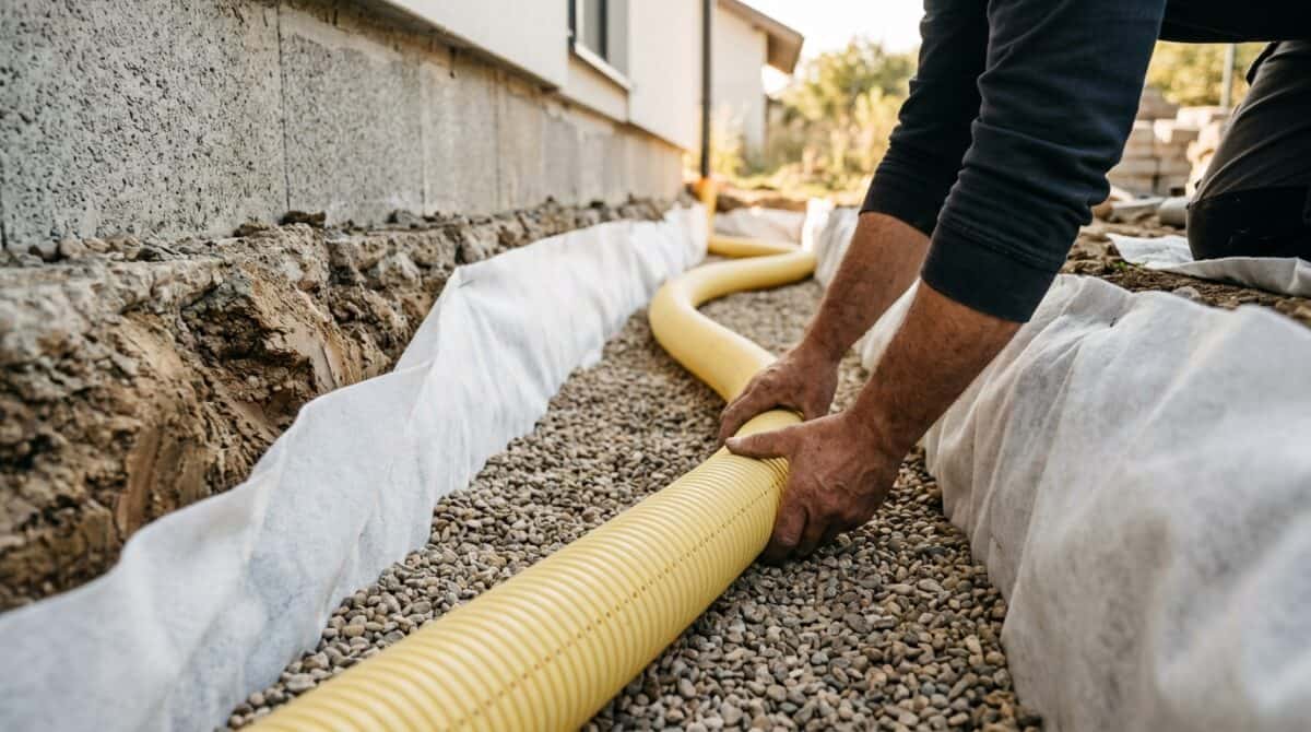 Drainage verlegen: Hände positionieren das gelbe Drainagerohr im Kiesbett mit Filtervlies am Fundament entlang