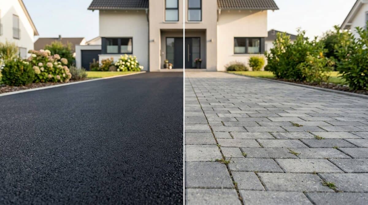 Geteilte Ansicht einer Einfahrt, links Asphalt, rechts graues Betonpflaster vor einem Wohnhaus