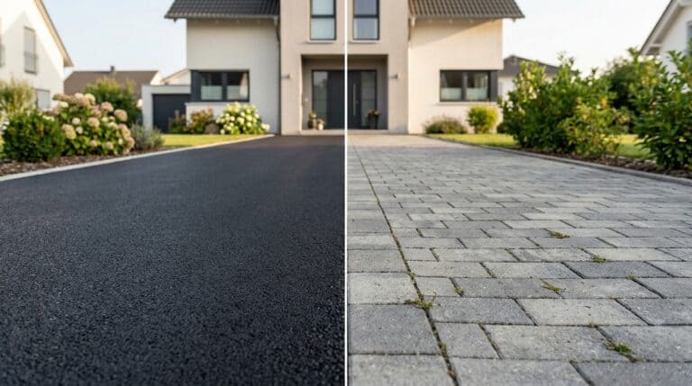 Geteilte Ansicht einer Einfahrt, links Asphalt, rechts graues Betonpflaster vor einem Wohnhaus