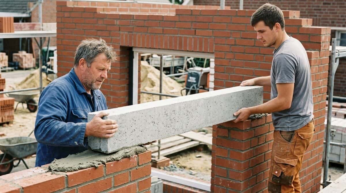 Fenstersturz einbauen: zwei Maurer setzen den Betonsturz gemeinsam auf das Mörtelbett über der Wandöffnung