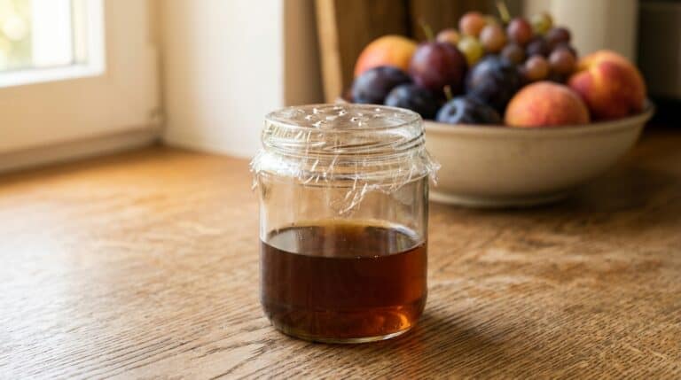 Glas mit dunkler Essiglösung, mit Frischhaltefolie verschlossen und mit kleinen Löchern versehen, daneben eine Obstschale